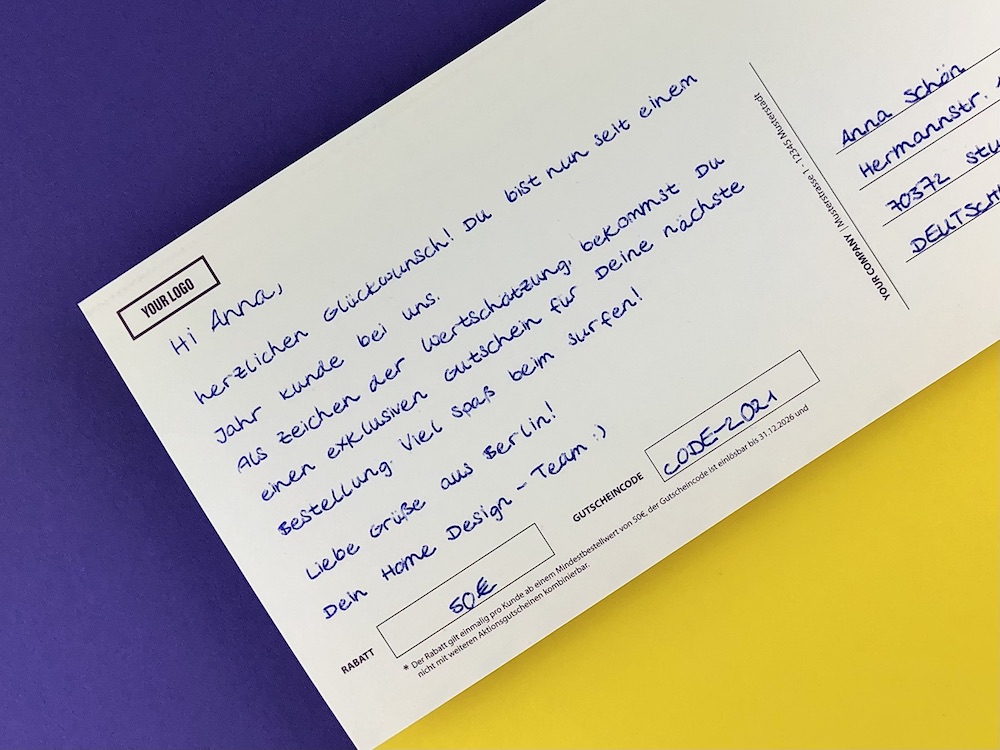 handschriftliche Maxi Postkarte mit Gutscheinfeld